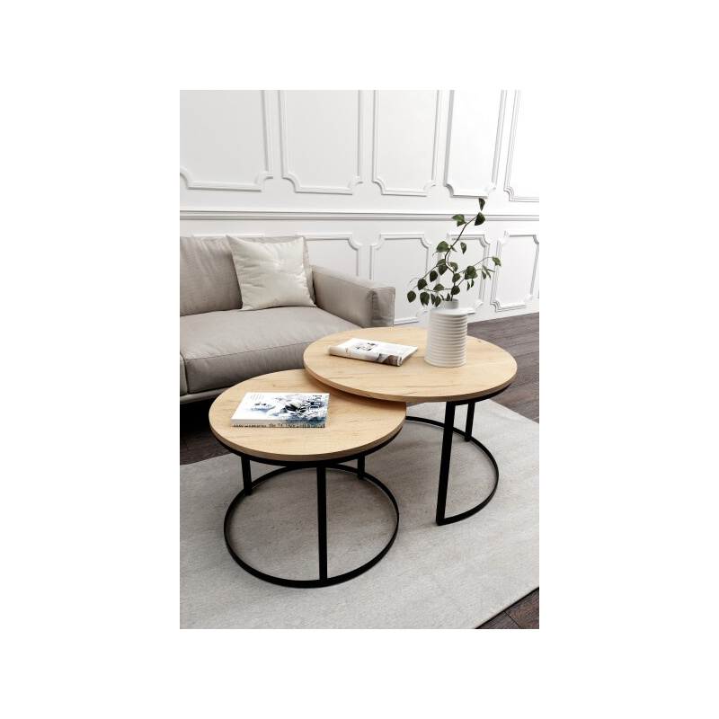 Zestaw stolików kawowych 2w1 okrągły Loft | Dąb, Biały, Czarny