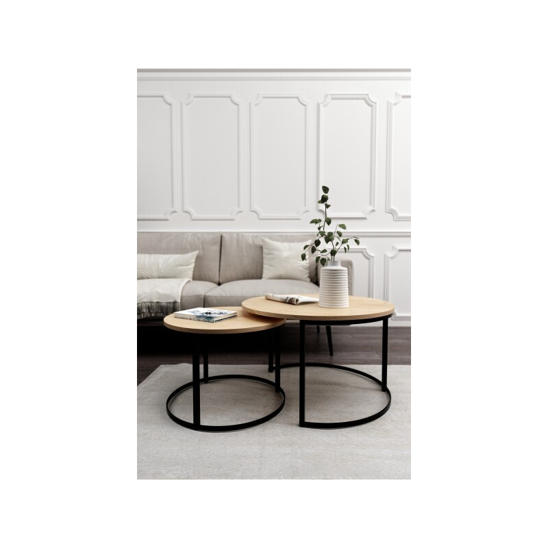 Zestaw stolików kawowych 2w1 okrągły Loft | Dąb, Biały, Czarny