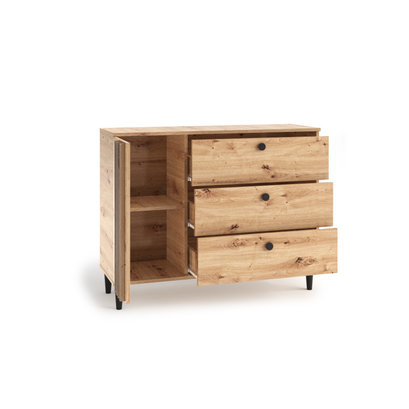 Nowoczesna komoda loftowa dąb artisan z lamelami. Wyposażona w 3 pojemne szuflady, boczną szafkę oraz wysokie czarne nóżki.